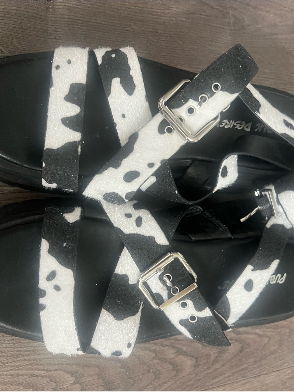Public Desire Black and White Cow Print Cross Strap Sandals